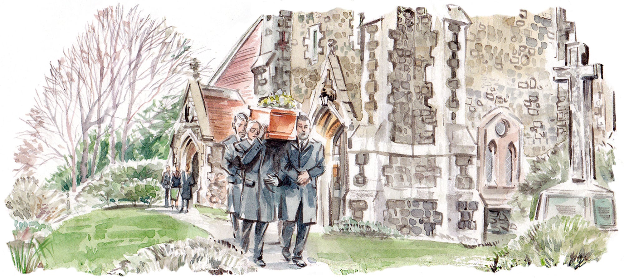 Pallbearers carrying a coffin through a churchyard illustration